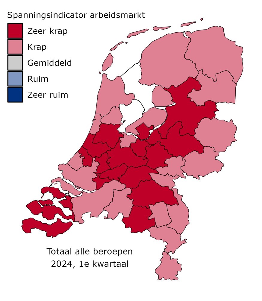 Afbeelding van Nederland die met kleur de krapte per regio aangeeft